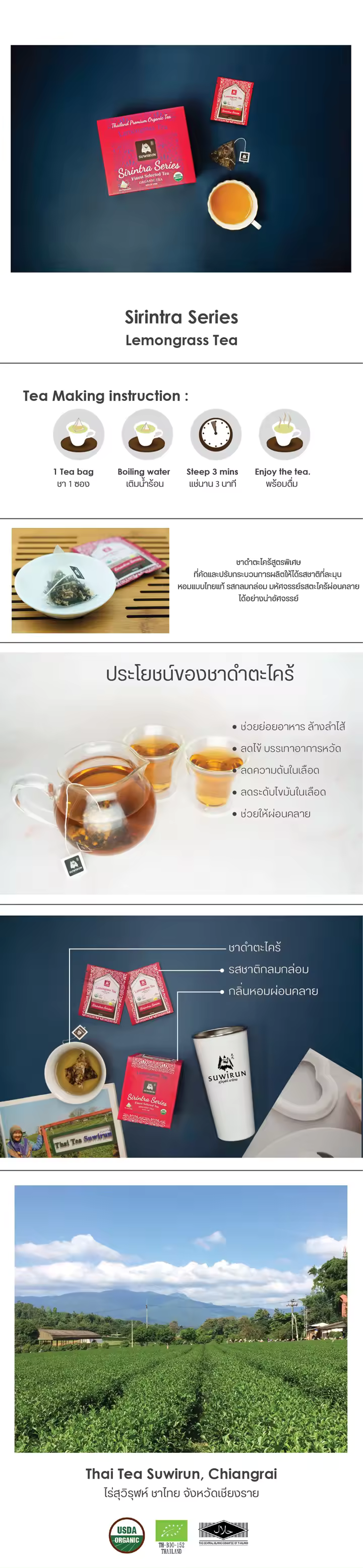 Beverage From Thailand Organic Herbal Tea Drink Sirintra Series - Lemongrass Black Tea (30 Teabag / Box) Best Seller