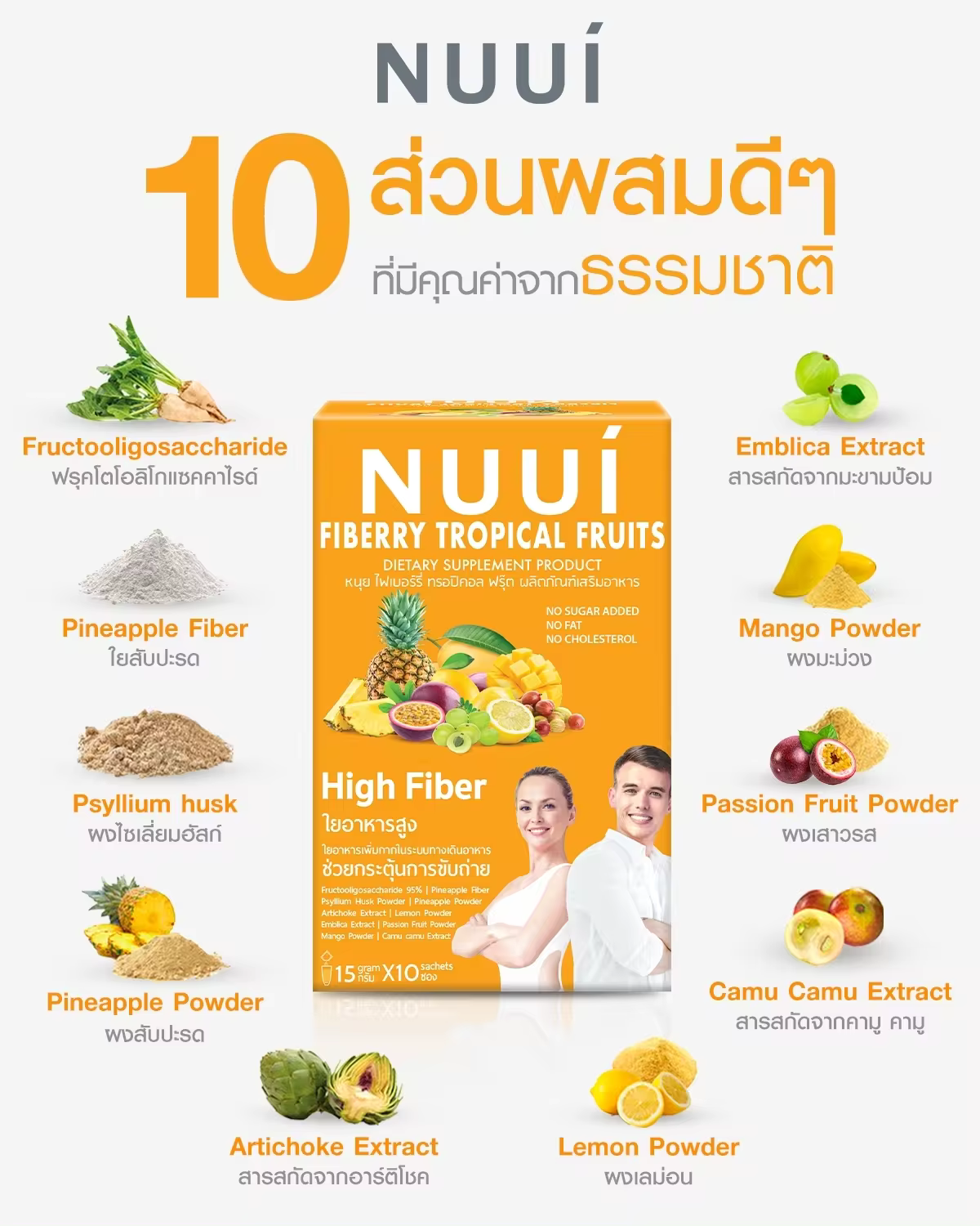 NUUI FIBERRY TROPICAL FRUITS Apple and Pineapple quantity 1 sachet 15 grams Product of Thailand